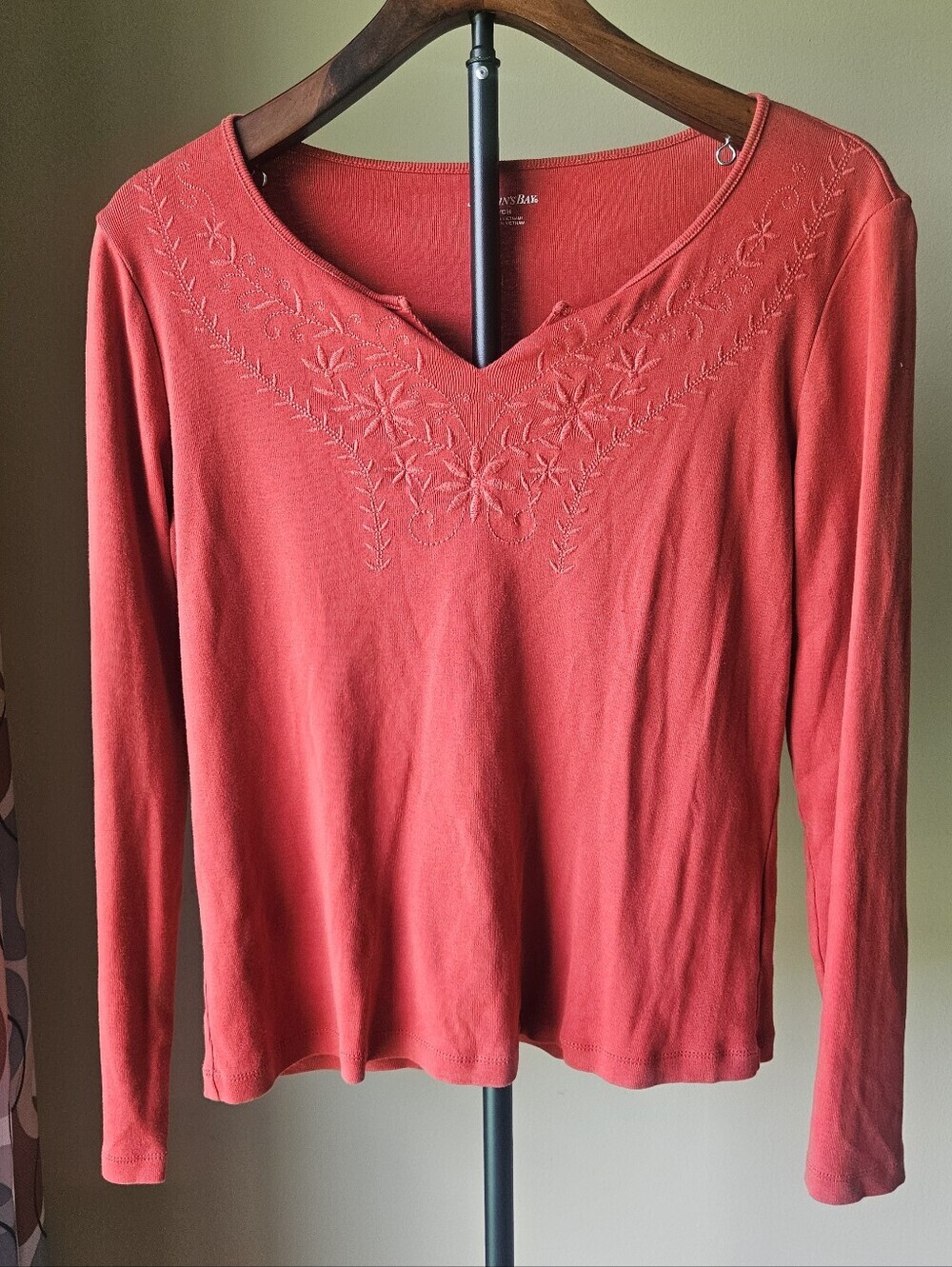 St. John's Bay Red Long-Sleeve V-Neck Top with Embroidered Neckline